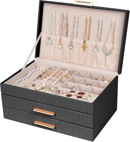 Dajasan Schmuckkästchen, Groß Schmuckaufbewahrung, 3 Ebenen Schmuckkasten, Schmuck Organizer mit 2 Schubladen für Ringe, Halsketten, Ohrringe, Uhren, Armbänder (Schwarz)