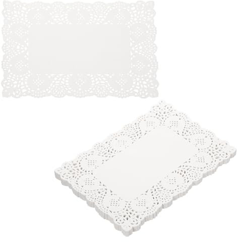 sourcing map 150pcs Lace Paper Doilies 9 x 6.3 Inch White Rectangle Disposable Decorative Paper Placemats Hollow Flower Absorbing Papers for Cakes Desserts Food Decoration Wedding Birthday