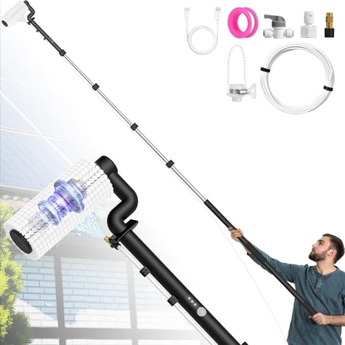 LyriFine Electric Solar Panel Cleaning Kit, 6 Meter Water-fed Extendable Window Cleaning Pole with 5-stage Telescoping Pole, 2-speed Window Cleaning Brush for Conservatory Roof, Window, PV System