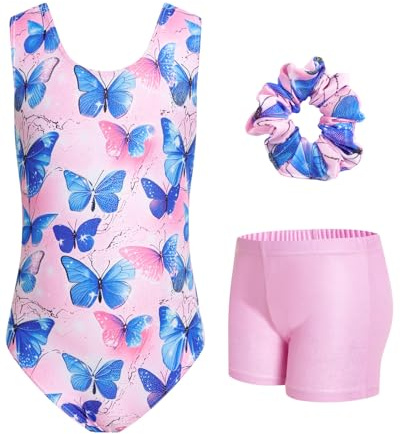 JiAmy Justaucorps de gymnastique 3 pièces pour filles avec short, tenue athlétique, sans manches, vêtement de danse classique pour enfants de 3 à 12 ans, Ensemble papillon rose bleu, 9-10 ans