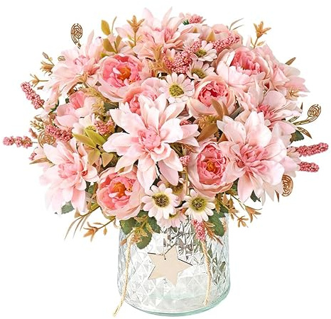 DEMIUKO 4 STK Kunstblumen wie Echt Rosa Pfingstrosen Künstlich Dahlie Blume | Fake Blumenstrauß echte Blumen, Seidenblumen, Chrysanthemen, Innen Deko, für Party Tischdeko Hochzeit Küche Home Decoration