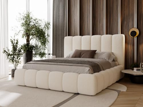GRAINGOLD Imperial Bett 180x200, Polsterbett mit Bettkasten, Polsterbett mit Stauraum, Bouclé-Stoff, mit Lattenrost, mit Kopfteil, ohne Matratze (Creme, 180x200)