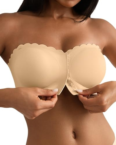 SHARICCA BH utan remmar dam – med stängning fram axelbandslös bh bekväm halkfri sömlös bandeau topp med transparenta remmar, beige-1p02, L