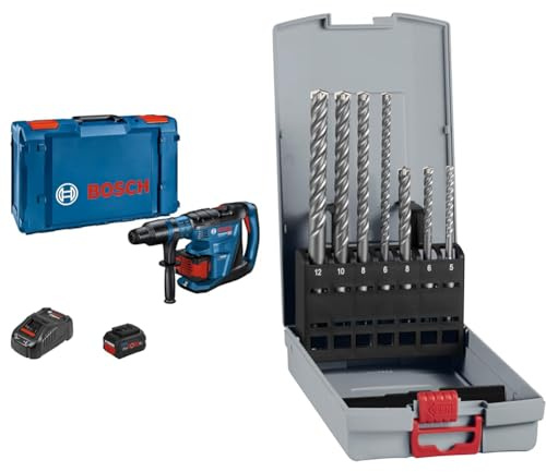Bosch Professional 18V System BITURBO Akku Bohrhammer GBH 18V-40 C (inkl. 2x Akku ProCORE 5.5.Ah, Schnellladegerät) + 7x PRO SDS plus-5X Hammerbohrer-Set (für Beton, Kalk- und Sandsteine, Ø 5-12 mm)