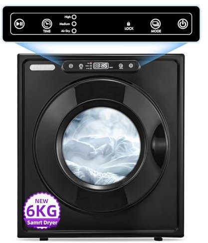 6KG Vented Tumble Dryer, FOHERE 1500W Compact Samrt Dryer, 6 Drying Mode, Double Temperature Control Protection, with Child Lock and Timer, for Apartment, Home, Dorm, RVs, Black