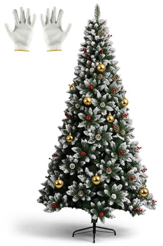 Árbol de Navidad Artificial de 180 cm con 800 Ramas Espesas, Decorado con 27 Piñas Naturales, 27 Racimos de Bayas Rojas, 6 Bolas Doradas Brillantes y Guantes, Decoración Navideña