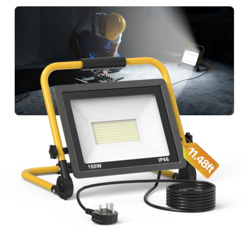 AIKVSXER 100W LED Work Light, 12000LM Portable Floodlight with Stand, Switch and 3.5m Cable, IP66 Waterproof Job Site Light, 6000K Cool White Garage Work Lamp for Workshop Car Repair, UK Plug