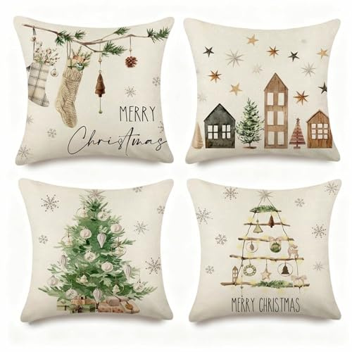 Weihnachten Kissenbezug 4er Set, Weihnachtskissenbezüge Leinen 40x40cm, Winter Kissenhülle Kissenbezüge mit Weihnachtsmotiv, Schneeflocke Haus Weihnachtliche Zierkissenbezüge Xmas Pillow Cushion Cover