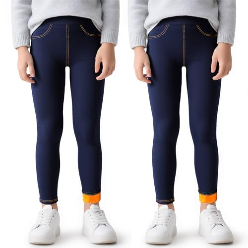 Baogaier Flickor Termiska Leggings, Fleecefodrade Jeans Leggings, 2-pack, Hög Midja Casual Varma Leggings Vinter Slim Fit Mjuka Långa Byxor Barnkläder 4-12 År, Marinblå, 11-12 år