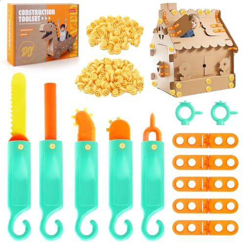 JONEG Cardboard Construction Tool Building Set Toys for 3-8 Year Old Kids | Gifts for 6 7 8 9 10 Year Old Boys Girls, Engineer STEM Building Kit, Educational Montessori Cutter, DIY Cardboard Projects
