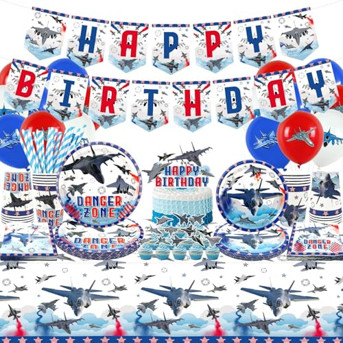Fighter Jet Birthday Party Decorations, Airplane Party Decorations Include Aircraft Banner, Cake Toppers, Tableware, Tablecloth and Balloons for Air Force Party Decorations, Serves 20