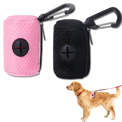 2PCS Poo Bag Holder for Dogs Lead, Portable Dog Poop Bag Holder for Lead with Zipper, Mesh Fabric Attachment, Suitable for Handling Dogs Faeces(Pink and Black)