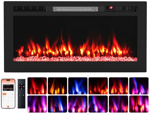 TANGZON 36”/42” Electric Fireplace, Wall Mounted/Recessed Fire Heater with 12 Flame Colors & Ember Bed Colors, 5 Brightness, Remote Control & 12H Timer, Compatible with Alexa Google (36”/91cm)