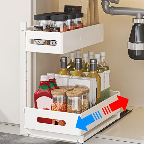 HABITELLO Organizador Cocina Bajo Fregadero Extraíble de Metal, Organización Puerta Cocina Estrecho con Instalación Sin Taladro, Rodamientos de Acero Silenciosos para de Armario y Baño (Blanco)