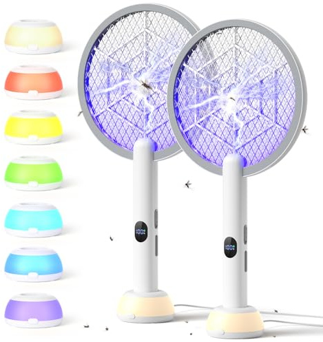 YISSVIC Raquette Electrique Insectes 1800mAh Raquette Anti Moustique 4000V Tapette à Mouche Puissante ave Base Lumineuse Rechargeable USB-C Élimine Moustiques Mites Fourmis Volantes (Blanc 2pcs)