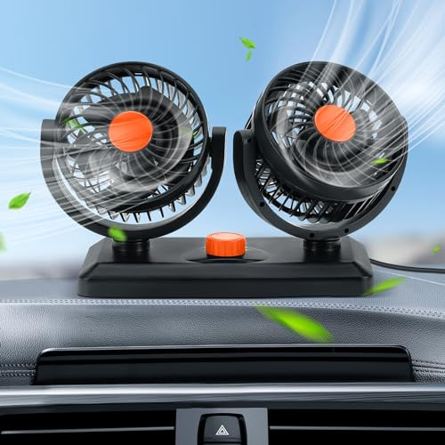 Snorthy Tragbarer Auto-Ventilator, 12V/24V Auto-Ventilator Doppelkopf-Ventilator mit 2 Geschwindigkeiten einstellbar 360° Rotation Elektrischer Ventilator mit Zigarettenanzünder (24V Orange)