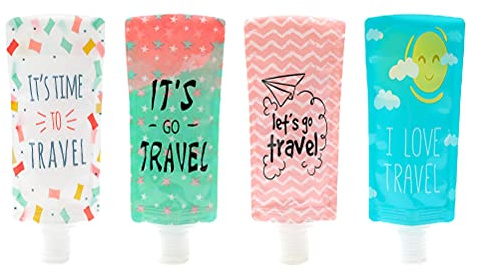 KICHOUSE Set 4 Pezzi Buste da Viaggio Pieghevoli in Plastica Riutilizzabili e Spremibili per Shampoo e Lozioni, Contenitori Liquidi per Viaggi e Conservazione Cosmetici