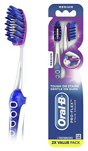 Oral-B 3D White Deep Stain Remover Toothbrushes, 2 Count Medium, Whitens Teeth, Removes 90% Surface Stains, Deep Reach, Plaque Removal