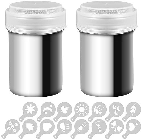 Senhai 2 agitadores de Polvo de Acero Inoxidable, Mesh Shaker Polvo latas de café Cocoa Cinnamon Powder con Tapa, con 16 Piezas Moldes de impresión Stencils