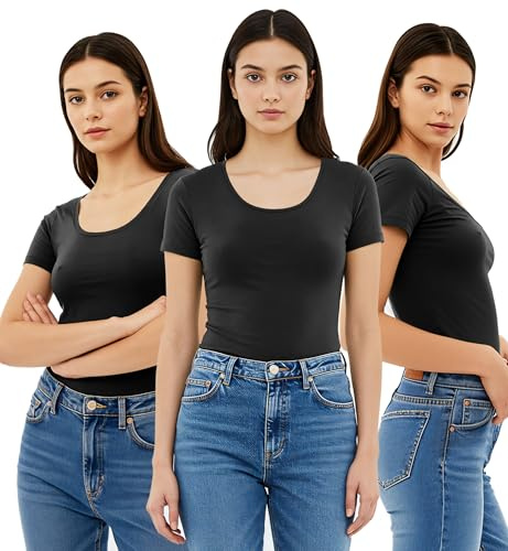 Emmalise Women's Short Sleeve Tshirt Scoop Neck Tee Value Set (3Pk, Bk, Medium)