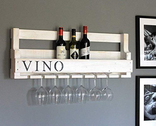 Dekorie Botellero de Madera para la Pared - Con Soporte para Copas y Texto Vino - Blanco - Montado - Estantería para Botellas y Copas
