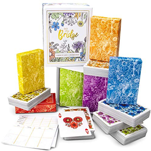 Let's Play Bridge | 6 jeux de cartes à jouer florales colorées inspirées de l'aquarelle | Index spécial de 4 couleurs | Jeu familial classique comprend 25 cartes de score