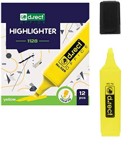 D.RECT 12er Textmarker Set, Gelb, Schrägkeilspitze, Wasserfest, 2-5mm, Schüler, Markierung, Buchstabendruck