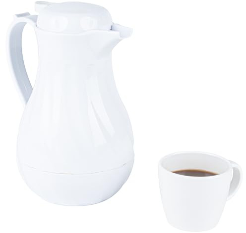 Restaurantware-Restpresso 42 Ounce Coffee Carafe, 1 Insulated Coffee Server - Push-Button Top, Swirl Design, White Plastic Pitcher, Built-In Handle, With Identification Tags