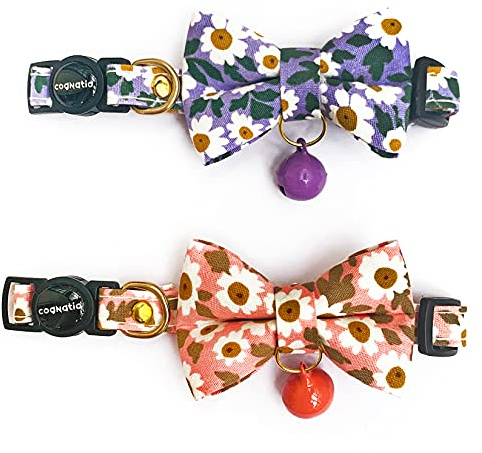 Kognatio Katthalsband med klockor och säkerhetsspänne, blommig fluga kattunge-halsband, justerbar 20–30 cm, 2-pack, lila + rosa