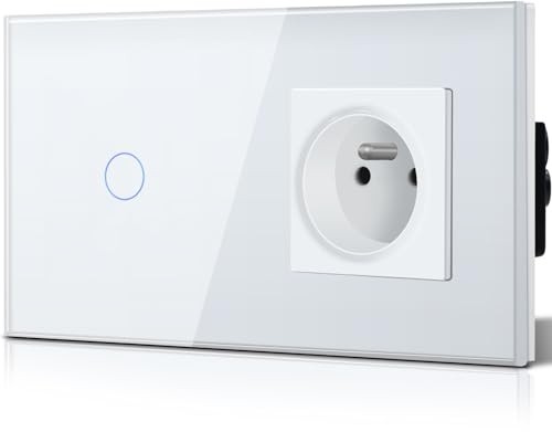 BSEED Interrupteur Tactile avec Prise Non-WIFI, Interrupteur Mural avec Prise en Verre (Max.300 W) 1 Gang 1 Voie Blanc