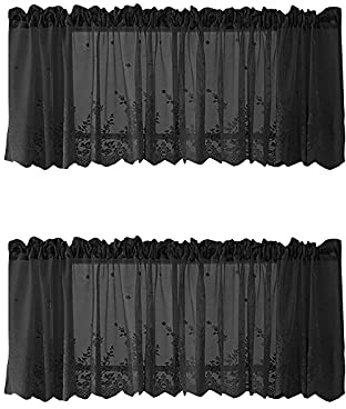 Betos Küchen-Vorhänge, Voile Kurzstore Vintage Kaffee Bistrogardine Vorhang Spitze Scheibengardine Kurzgardine Landhausstil halbtransparente Gardine, Schwarz 137 * 61cm x 2Stück