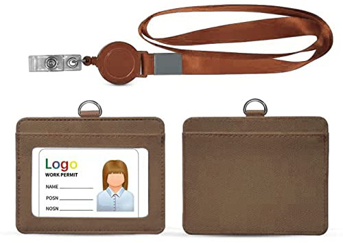 HYCOPROT Ausweishüllen PU Leder Mit 1 Ausweisfenster und 1 Kartensteckplatz Ausweisjojo Mit Schlüsselring Clip und Karabinerhaken Id Kartenhalter Für Office Business Student (Braun, Horizontal)