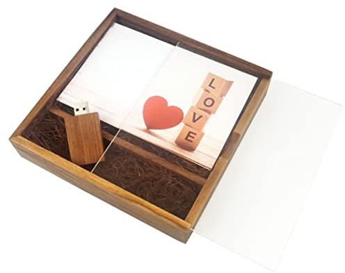 Desuerte Memoria USB de Nogal de 16 GB con Caja de Madera de Nogal Transparente para fotografía de Boda Pareja (170 mm x 170 mm x 35 mm)