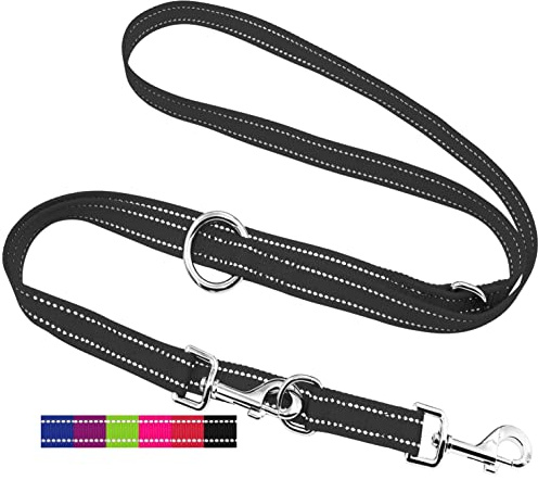 DEY - Premium Hundeleine Nylon 2m | Reflektierend | 3fach Verstellbar | für Kleine, Mittelgroße u. Große Hunde | viele Farben |Doppelleine Hund | Schleppleine | Führ-Leine | Welpenleine | Schwarz, M