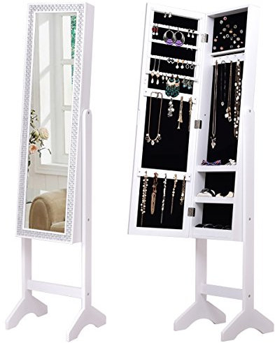 RELAX4LIFE Schmuckschrank, Schmuckregal mit verstellbarem Ganzkörperspiegel, Spiegelschrank für Ketten, Ohrringe und Kosmetik, Standspiegel mit Stauraum, Schminkspiegel, abschließbare Tür (Weiß)