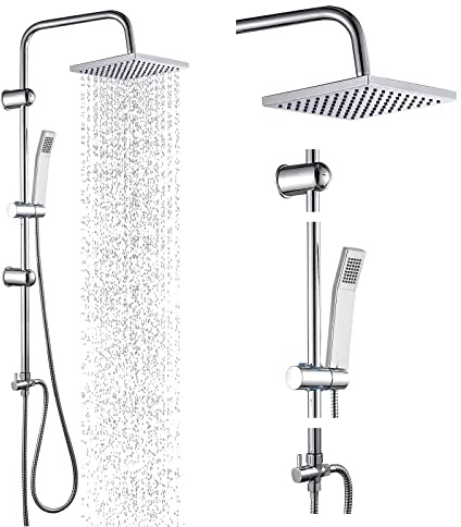 Bathroom Thermostatic Shower Mixer Set, Handheld Shower and with Adjustable 8 Overhead Rainfall Shower Head, Adjustable Height, Twin Head & Body Chrome Plated Set