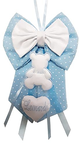 Fiocco Nascita Azzurro con orsetto e Nome Personalizzato Ricamato Made in Italy