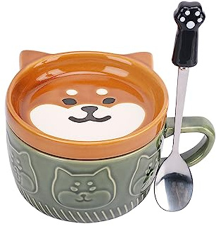 XinHuiGY Süß Hund Kaffeebecher mit Deckel,Tier Teetassen mit Untertasse Set,Kawaii Keramik Tasse mit Keks-Halter,Löffel,Geschenke für Frauen,Lehrer,Freund,für Muttertag,Ostern,Weihnachten