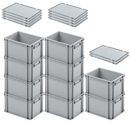 PROREGAL SuperSparSet 10x Eurobehälter mit geschlossenem Griff & Scharnierdeckel | HxBxT 23,5x30x40cm | 22 Liter | Grau | Eurobehälter Transportbox Transportbehälter Stapelbehälter