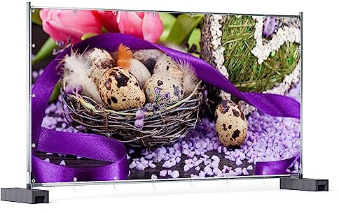 Wallario XXL Outdoor-Poster für Garten oder Balkon Ostern - Stillleben II - Bunte Eier, Herzen und Tulpen, Motivbanner Größe: ca. 340 x 173 cm, Outdoor-Bild