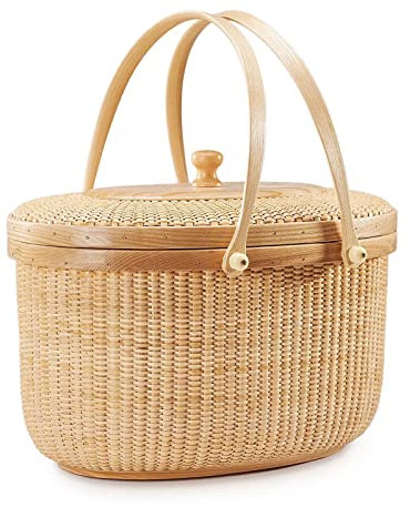 Geflochtener Rattan-Picknickkorb für 2 Personen, mit Holzboden und unabhängigem Deckel, kleiner Picknickbehälter, mit 2 Griffen zum sicheren Tragen, für Outdoor-, Familien-, Camping-Picknick (Größe: 3