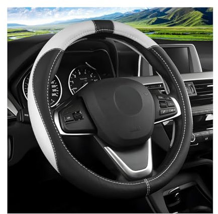 JNNJ Steering Wheel Cover Microfibre Leather Universal Sport Anti-Slip Breathable Steering Wheel Cover, Comfortable Protective Interior Accessories for Women (Black/White)
