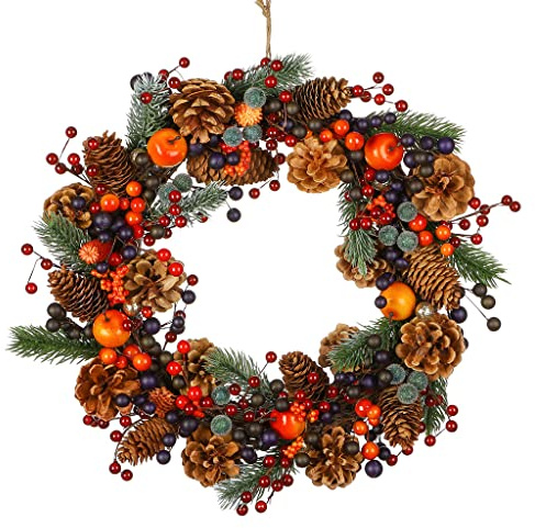 XL Door Wreath Wicker Back Harvest Door Wreath with Faux Berry Decorations | Pine Cones, Faux Berries, Traditional Style, Garland Decorations