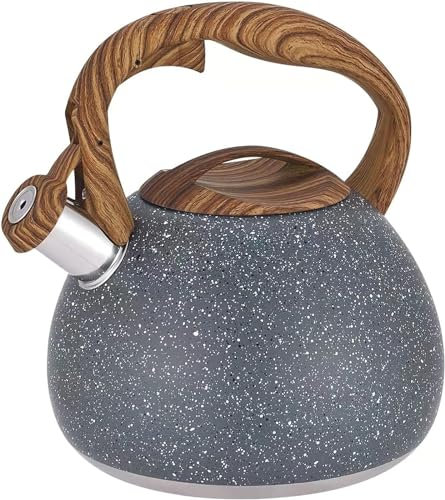Pfeifender Teekessel, 3 L, Marmor-Edelstahl-Herdkessel, Herdkessel Mit Holzmaserung, Anti-Verbrühungsgriff, Teekanne Mit Kochendem Wasser, Geeignet For Gasherd Und Induktionsherd