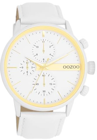 Oozoo - Timepieces Herren Uhr in Weiß/Gold metallic | Armbanduhr Herren mit Lederarmband | Moderne Uhr für Herren | Edle Analog Herrenuhr in rund C11313 (45mm Gehäuse)