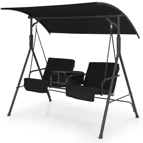 COSTWAY 2 Seater Swing Chair, Outdoor Hammock Bench Chair with Canopy, Soft Cushions, Center Tray & 23L Cooler Bag, Loveseat Patio Swing Seat for Poolside, Backyard (Black)