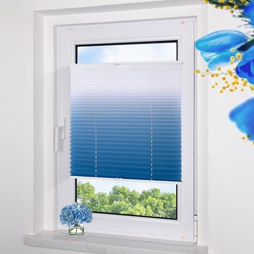 Grandekor Plissee ohne Bohren Farbverlauf Blau-Weiß 70x120cm, Plissees Klemmfix Sichtschutz und Sonnenschutz Blickdicht Faltrollo Lichtdurchlässig Rollos für Fenster ohne Bohren