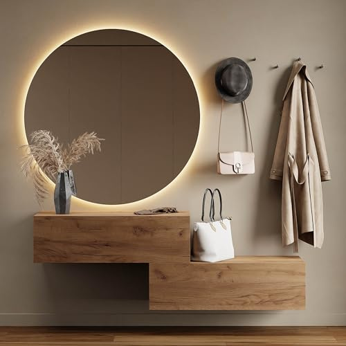 Planetmöbel Flurgarderobe 2X 100 cm | Spiegel rund mit Beleuchtung 100 cm, Gold Eiche, Flur Möbel mit Spiegel, 37,8T x 100B x 32,5H cm
