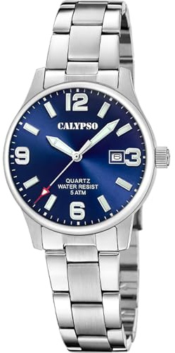 CALYPSO Reloj Mujer Analógico de Acero Inoxidable 316l Plateado - Movimiento de Cuarzo - Cristal Mineral de Alta Resistencia - Resistente al Agua 5 ATM - Calendario K5861/3 - Basic