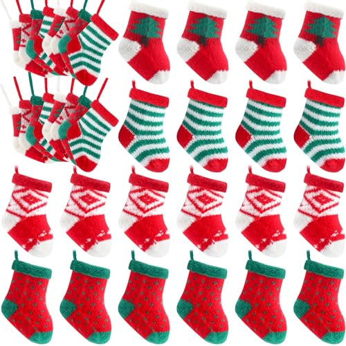Croknit 24 mini calze natalizie da 12,7 cm, a maglia, piccole calze di Natale, da appendere, decorazioni per camino, feste, bomboniere, familiari e amici